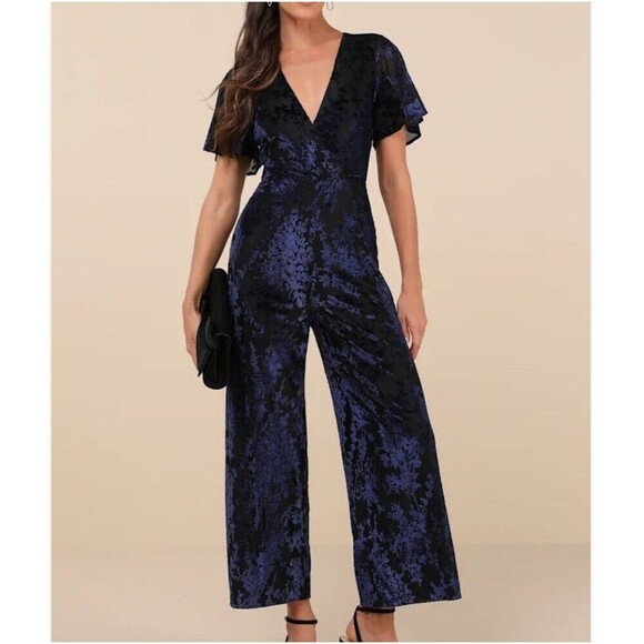 NWT Lulus Poised Excellence Black and Blue Velvet Burnout Jumpsuit Size Small - Picture 1 of 9